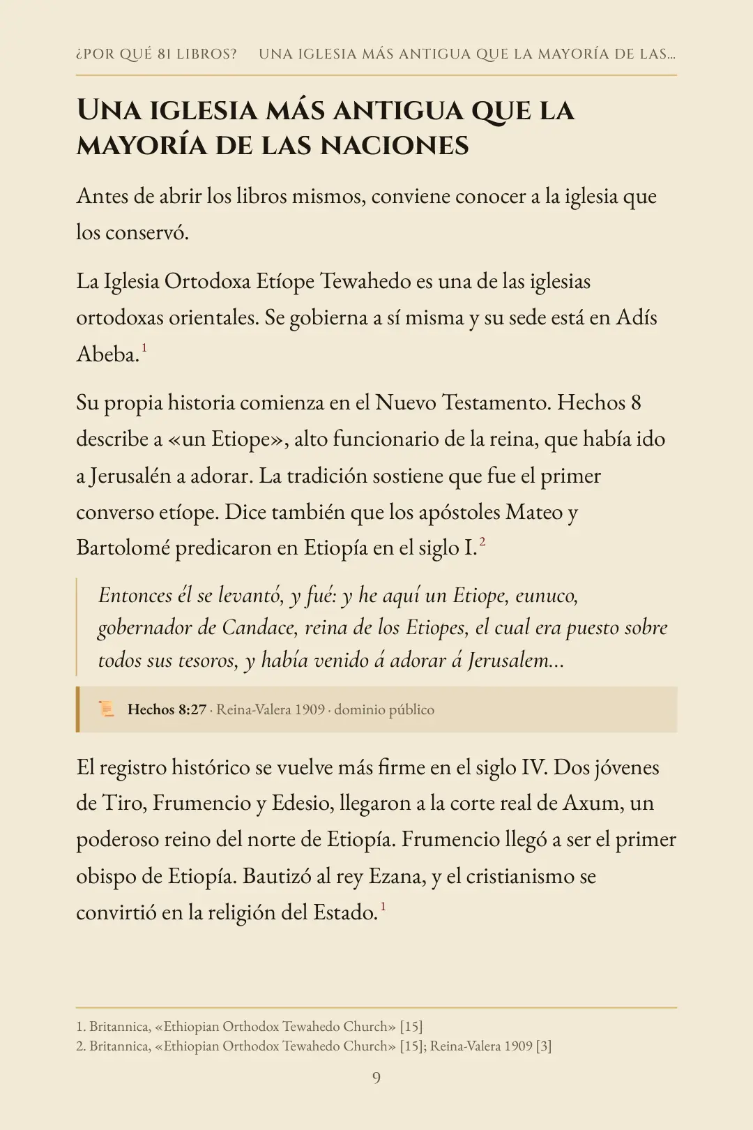 Una página que cita Hechos 8:27 con su recuadro de fuente
